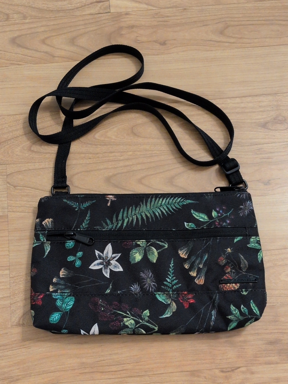 Dakine Black Floral Crossbody with Green Fern & Multicolor Blooms